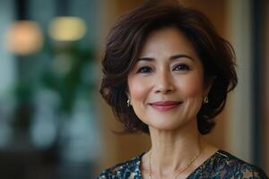 Portrait of a mature woman smiling indoors. She has short brown hair and is wearing jewelry. Soft light and blurred background. photo