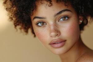 Close up portrait of a young female face with brown eyes and curly hair. She is looking at the camera. Soft light on a beige background. photo