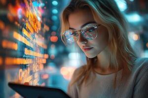 Woman looking at tablet with glowing city reflections in glasses. Abstract bright lights background with modern technology and digital information display. photo