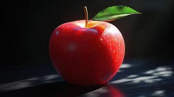 Shiny red apple with green leaf. Fresh fruit on dark wooden table with light stripes. Still life of single apple close up. photo