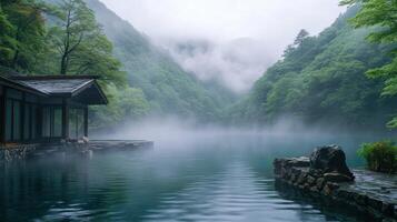 Mountain lake with mist over water surface. Building sits near shore. Green trees cover steep hillside. Rocks create edge of lake. photo