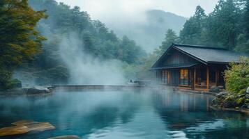 Japanese hot spring water surface with steam rising. Wooden house on the edge. Forest and mountains in the background. Misty and scenic view. photo