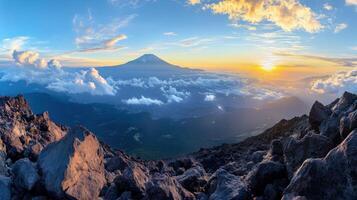 Mountain peak view with sunrise light over cloudy valley. Distant mountain summit visible above clouds. Rocks in foreground. Blue sky with scattered clouds. photo