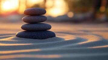 Stacked smooth stones on a sandy beach at sunset. The sun reflects on the sand and gives a soft glow to the balanced rocks. photo