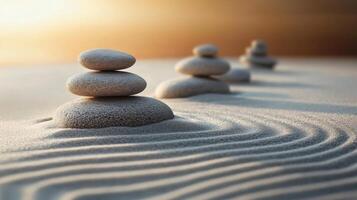 Stacked stones balance on sand. Rippled pattern in the sand. Calm and peaceful scene. Three rock stacks. Focus on front rocks. photo