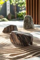 Rocks sit on raked sand in outdoor space. Stone in garden with lines in sand. Tranquil zen garden with soft sunlight. Meditative scene. photo