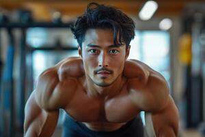 Muscular man is doing a push up in a gym. He is exercising to build body strength. Bright fitness center in the background. photo