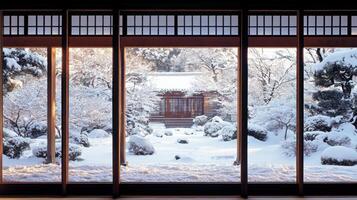 View through open wooden doors of snowy garden. Winter scene with snow covered plants and small building. Peaceful scene outside. photo