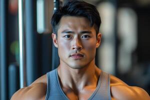 Strong man looks at camera in gym. Close up of face and shoulders in grey tank top. Fitness machine in background. photo