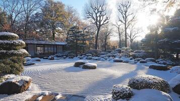 Snow covered zen garden with raked sand and rocks on a cold bright winter day landscape and small building in the distance photo