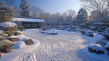 Snow covers a peaceful garden. A small building is in background. Rocks and trees are covered in snow. Clean lines cross the sand. photo
