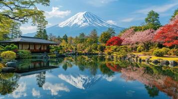 Snow capped mountain reflecting in a still lake surrounded by colorful trees and a traditional building under a bright blue sky photo