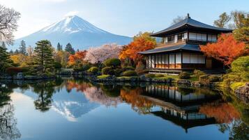 Japanese style building and colorful trees reflect on calm lake water with snowy mountain in distance during autumn season under a blue sky. photo