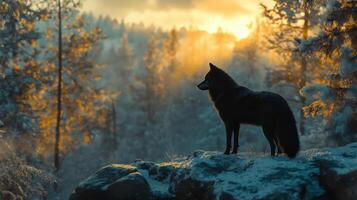 Black wolf stands alert on snowy rocks. Golden sunlight filters through winter forest trees in the background. Cold wilderness landscape at sunrise. photo