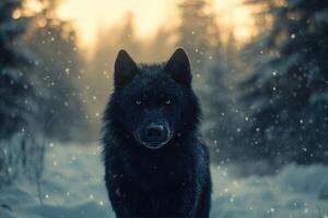 Dark wolf stands in a snowy forest. Snow falls gently around the wild animal with trees in the background and sunlight. photo