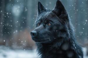 Black wolf portrait. Side view of the canine in snowy forest. Fluffy animal watching in winter woods with falling snow. Close up on face. photo