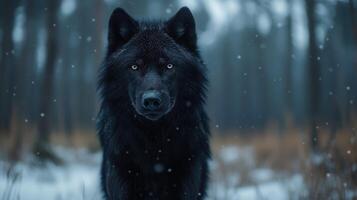 Black wolf stares forward. Snowflakes fall in a forest. Winter scene with snow on the ground. Moody atmosphere and focused gaze. photo
