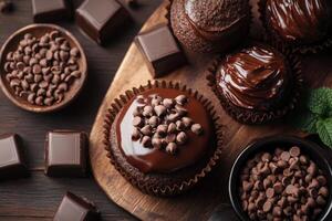 Chocolate cupcakes with rich frosting and chocolate chips on a wooden board with small dishes of chocolate and mint leaves top view photo