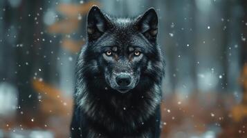 Dark wolf portrait. Wild animal stands in snowy forest. Winter scene with falling snow and blurred woodland background. Golden eyes looking. photo