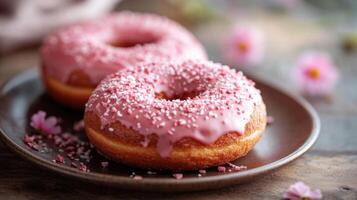 Two pink glazed donuts sit on brown plate. Small flowers and pink sprinkles surround donuts on wooden surface in soft light. photo