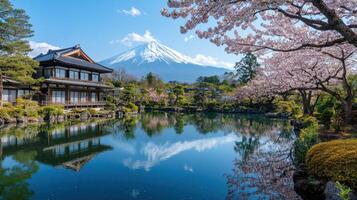 Traditional building reflects on calm lake water with cherry blossoms and snow capped mountain on clear day in spring landscape photo