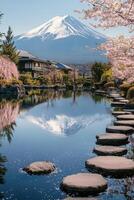 Snowy mountain reflecting in pond with stepping stones leading to gardens and a traditional building with spring blossom in bloom. photo