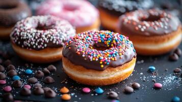 Delicious donuts with colorful sprinkles and chocolate frosting on a dark surface with chocolate chips and powdered sugar. photo