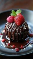 Chocolate dessert cake with fudge sauce and fresh strawberry raspberry garnish on a plate with powdered sugar and mint leaf photo