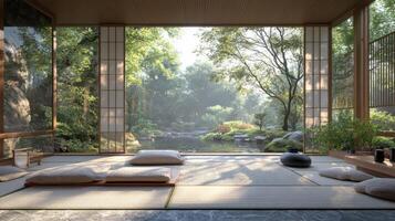 Japanese Room View. Garden with pond is visible through window. Pillows are on the floor. Peaceful zen scene with sunshine and green foliage. photo