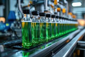 Glass bottles with green liquid move on a conveyor belt in a brightly lit industrial manufacturing facility. Production line with medicine bottles. photo