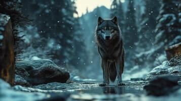 Wolf stands alert in cold water. Snow falls in dark forest with pine trees. Animal has intense stare and looks forward. photo