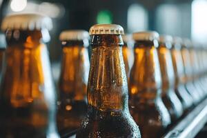 Line of full brown bottles with metal caps sit close with condensation. Blurred background shows factory setting for beverage production. photo