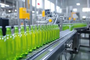 Green glass bottles move along metal conveyor belt inside a bright industrial manufacturing factory with automated machinery during production process photo
