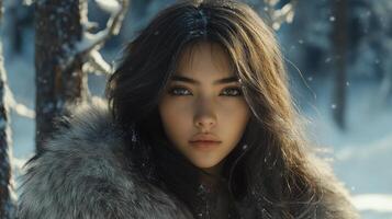 Woman with long hair looks toward viewer. She wears a fur coat in snowy forest. Snowflakes fall gently around her. photo