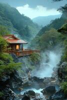 Wooden building overlooks natural hot spring. Steam rises in mountain valley. Lush green forest covers hills. Relaxing nature scene with water and rocks. photo