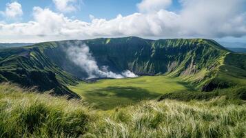 Lush green volcanic crater with steam rising. Tall grass in foreground. Mountain landscape under a bright sky with white clouds. Beautiful nature scenic view. photo