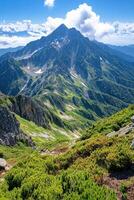 Sharp mountain peak rising above green slopes. Rocks and scattered snow visible. Clear blue sky with white clouds. Scenic landscape in summer. photo