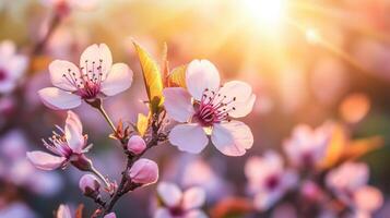Pink cherry blossom flowers bloom on branches in warm spring sunshine. Soft petals with buds against blurred floral background and golden light. photo