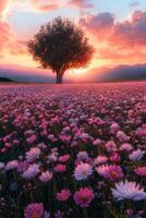 Pink cosmos flowers fill meadow at sunset. Single tree stands in field. Warm light creates scenic landscape. Distant mountains appear under colorful sky. photo