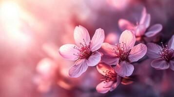 Close up of small pink flowers blooming on a tree branch. Floral blossoms in gentle light, soft focus background. Spring season nature beauty. photo