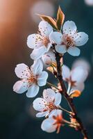 White blossoms bloom on a branch in spring sunlight. Delicate petals surround orange stamen against a soft dark background. Close up of flowering tree. photo