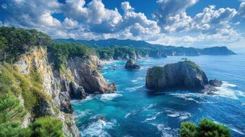 Coastal cliffs meet the turquoise ocean water under a bright blue sky with white clouds. Lush green trees line the cliff edges with mountains in the background. photo