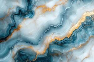 Blue and white stone texture with gold veins. Abstract pattern with curving layers. Natural mineral surface closeup. Smooth polished rock material. photo
