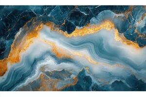 Blue marble texture with gold veins. Abstract stone pattern background. Agate backdrop with wavy lines. Decorative mineral surface with glitter. photo