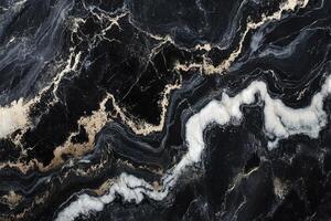 Black stone surface texture. Golden veins run across dark marble. White streaks pattern. Abstract mineral background. photo