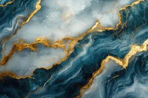Abstract stone texture. Blue and white swirls with shiny gold veins. Natural elegant stone pattern. Marble surface with golden accents. photo