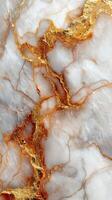 White marble background with gold veins. Shiny golden textured streaks running across a light elegant stone surface. Luxurious abstract wallpaper design. photo