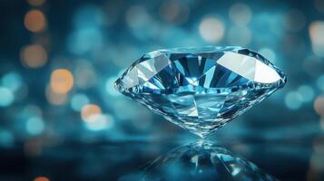 Single faceted diamond resting on reflective surface. Blue and orange bokeh lights in background. Clean gemstone with detailed facets and cool colors. photo