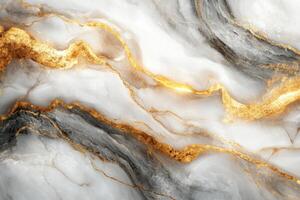 Elegant marble stone texture. White gray color background with bright golden veins pattern. Shiny glitter surface flowing luxury backdrop. photo