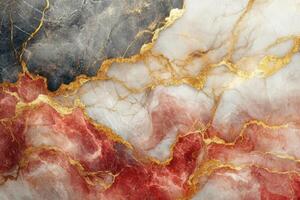 Abstract marble stone texture. Gray, red, and white colors with gold veins. Decorative elegant surface pattern. Material for design background photo